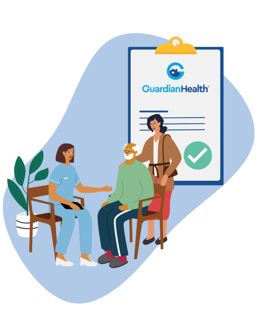 clipboard with Guardian Health logo and three people in the foreground