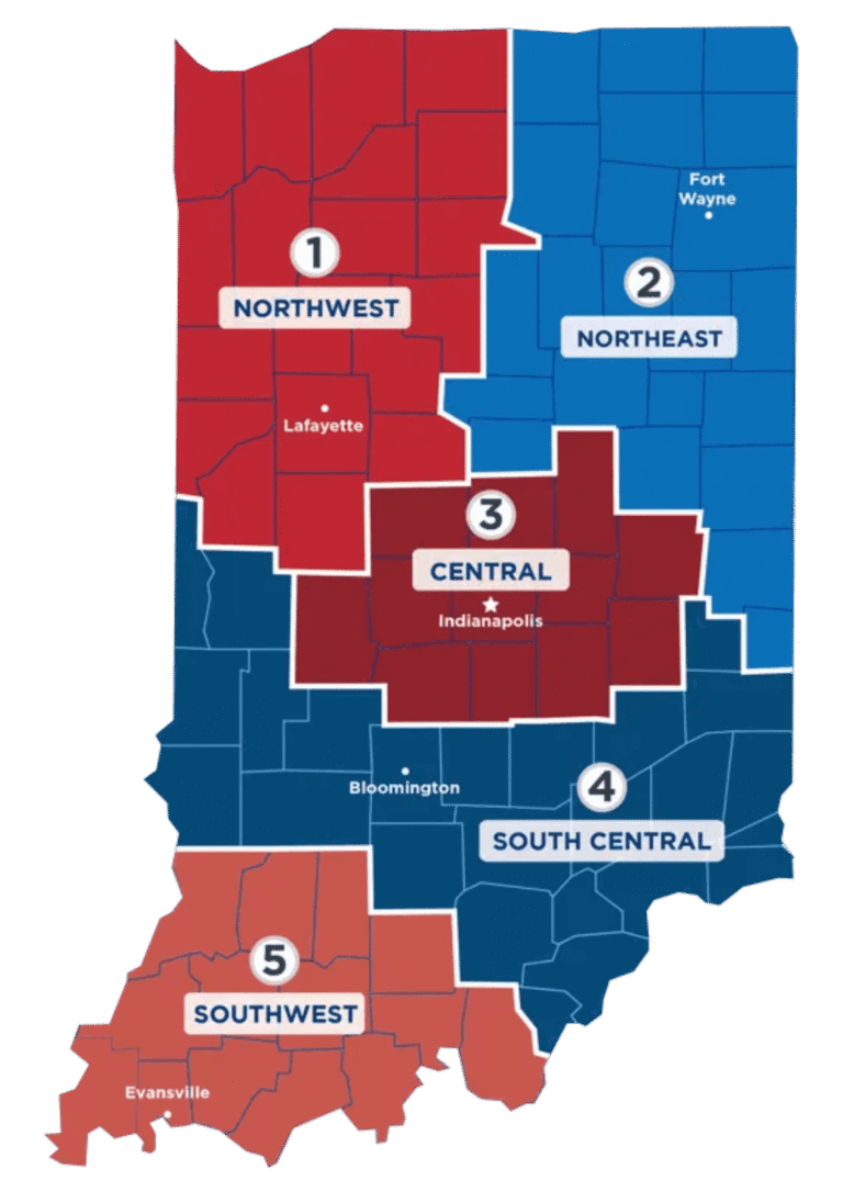 blue and red map of Indiana geographical regions