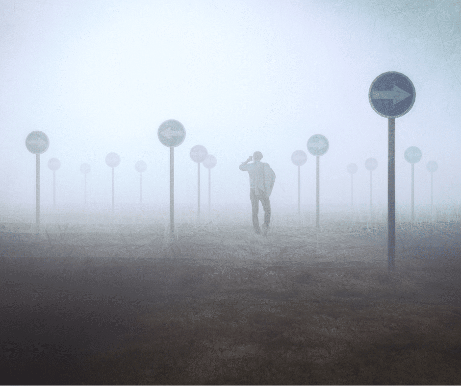 misty environment with confusing direction signs